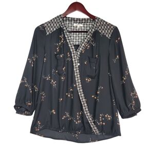 Maurices Flowy Black Floral Faux-Wrap Blouse Boho Whimsigoth Fairy 3/4 Sleeve Sm